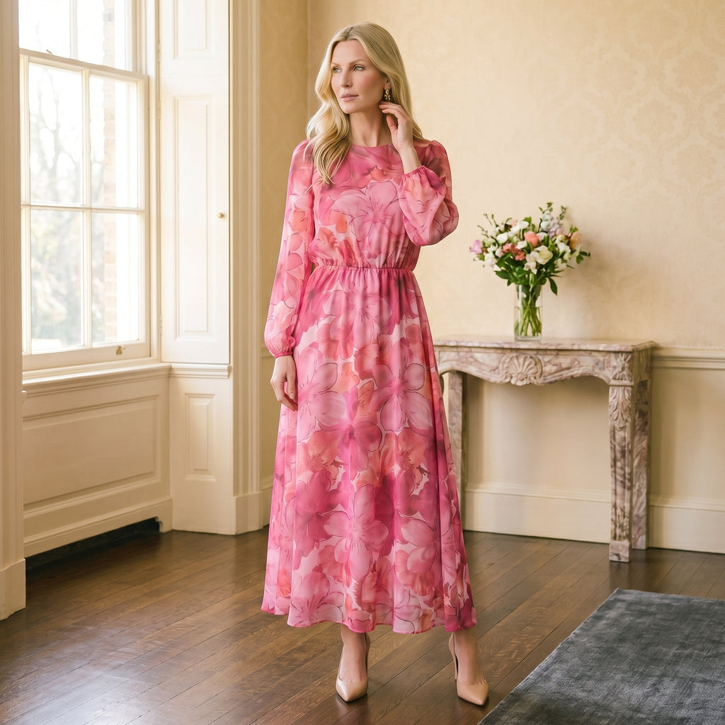Elegant Floral Summer Midi Dress for Wedding Guests and Cocktail Parties