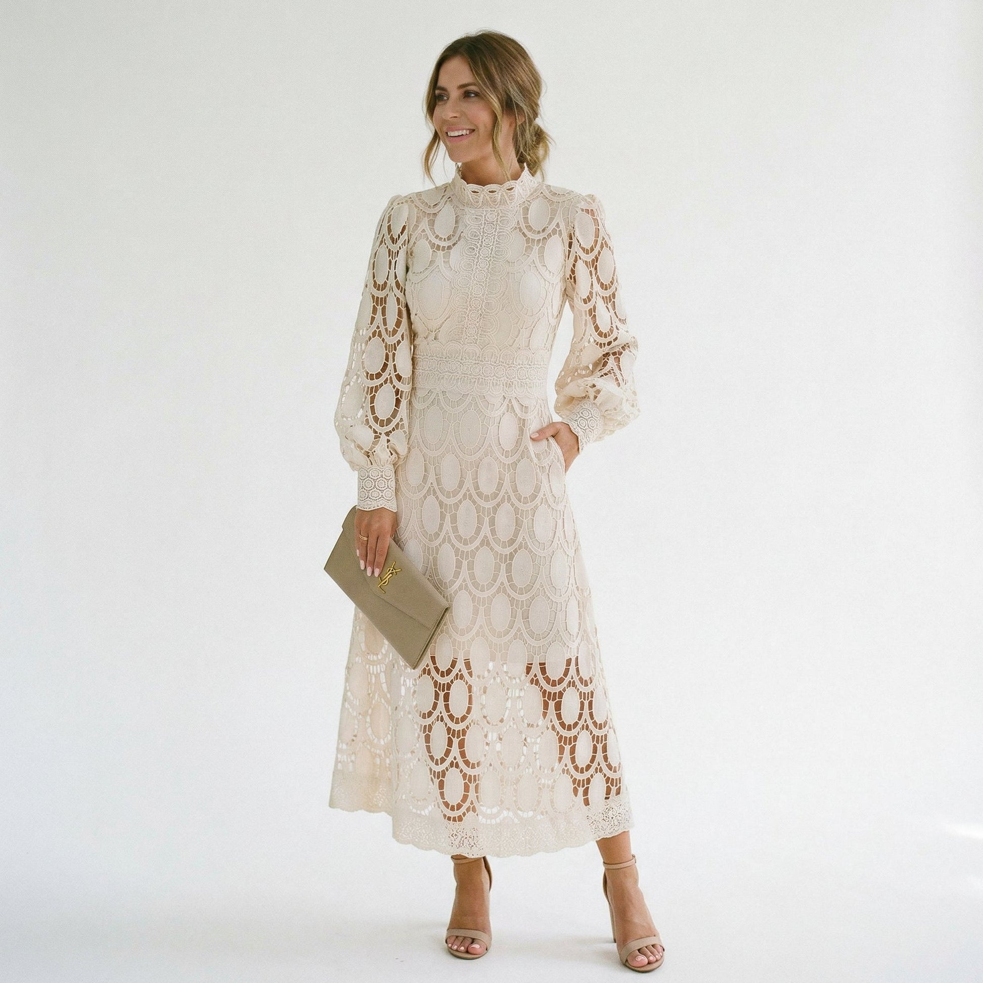 Elegant Lace Midi Wedding Guest Dress