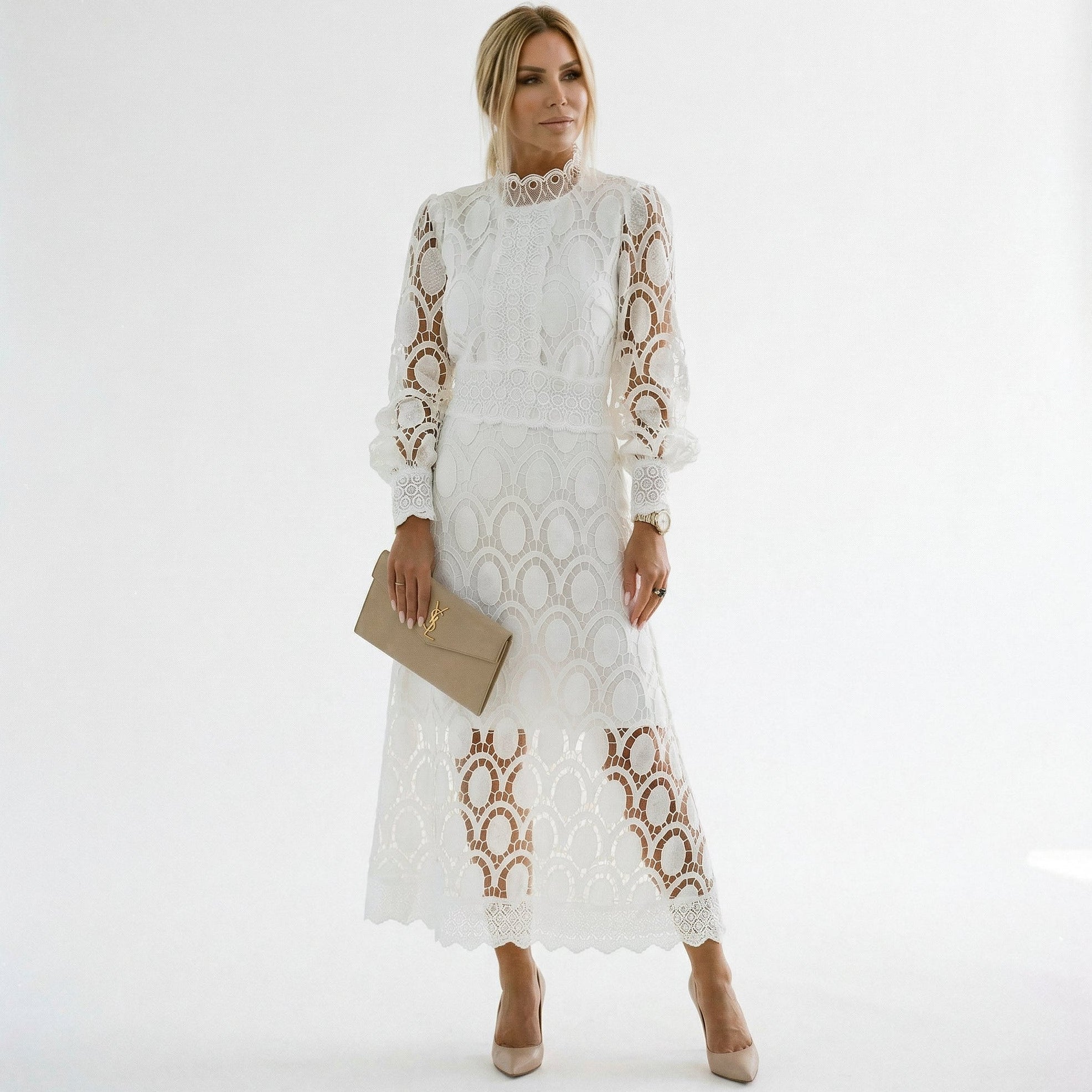 Elegant Lace Midi Wedding Guest Dress