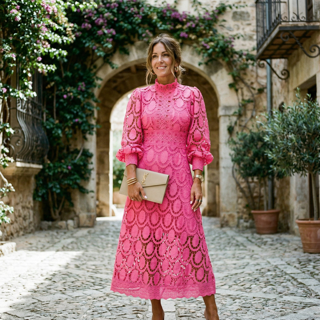 Elegant Lace Midi Wedding Guest Dress