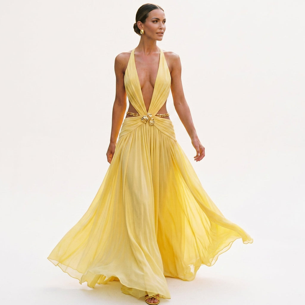 Jenifer - Elegant Chiffon Evening Dress with Deep V Neckline