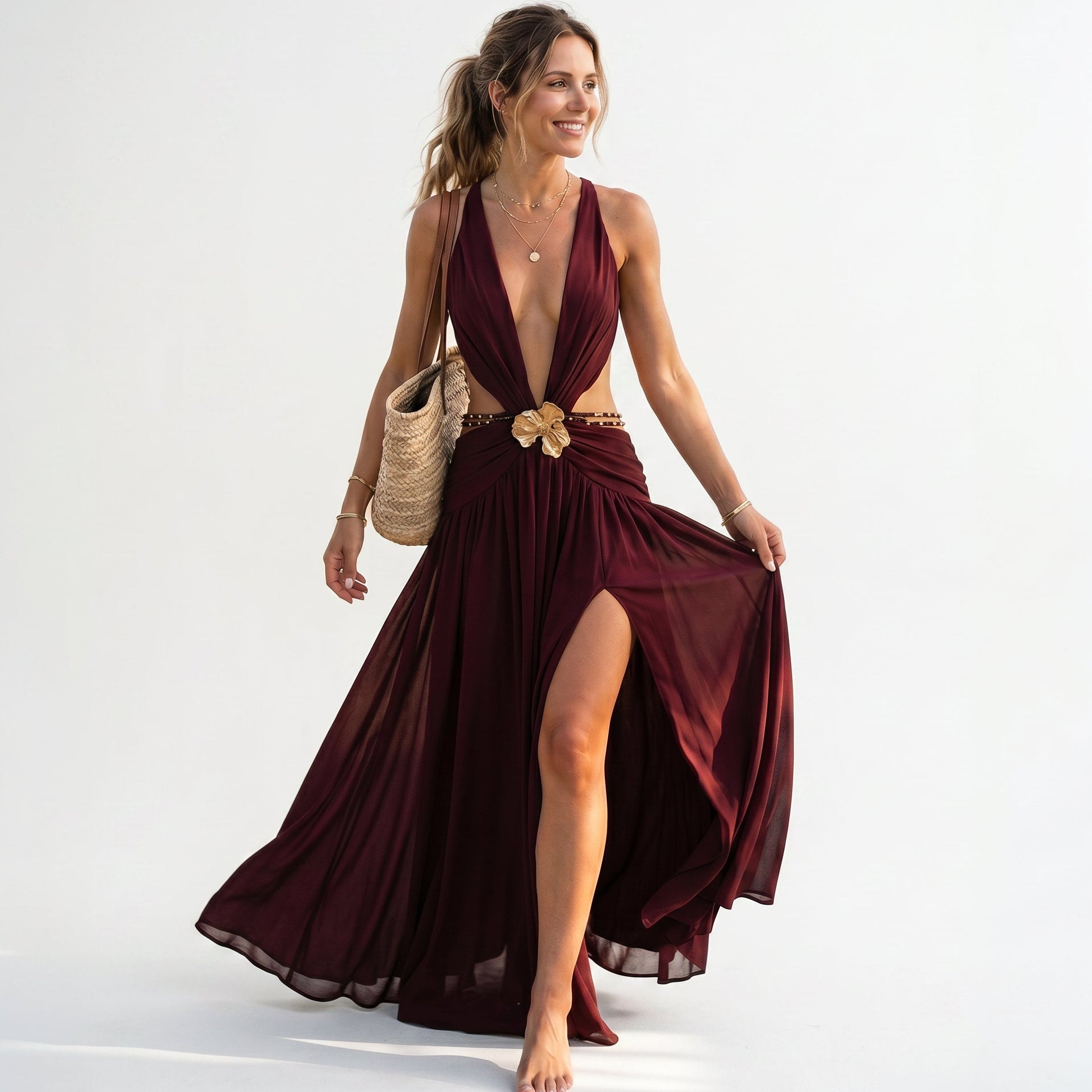 Jenifer - Elegant Chiffon Evening Dress with Deep V Neckline