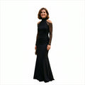 Juliana - Elegant Black Satin Evening Gown with Sheer Mesh Sleeves