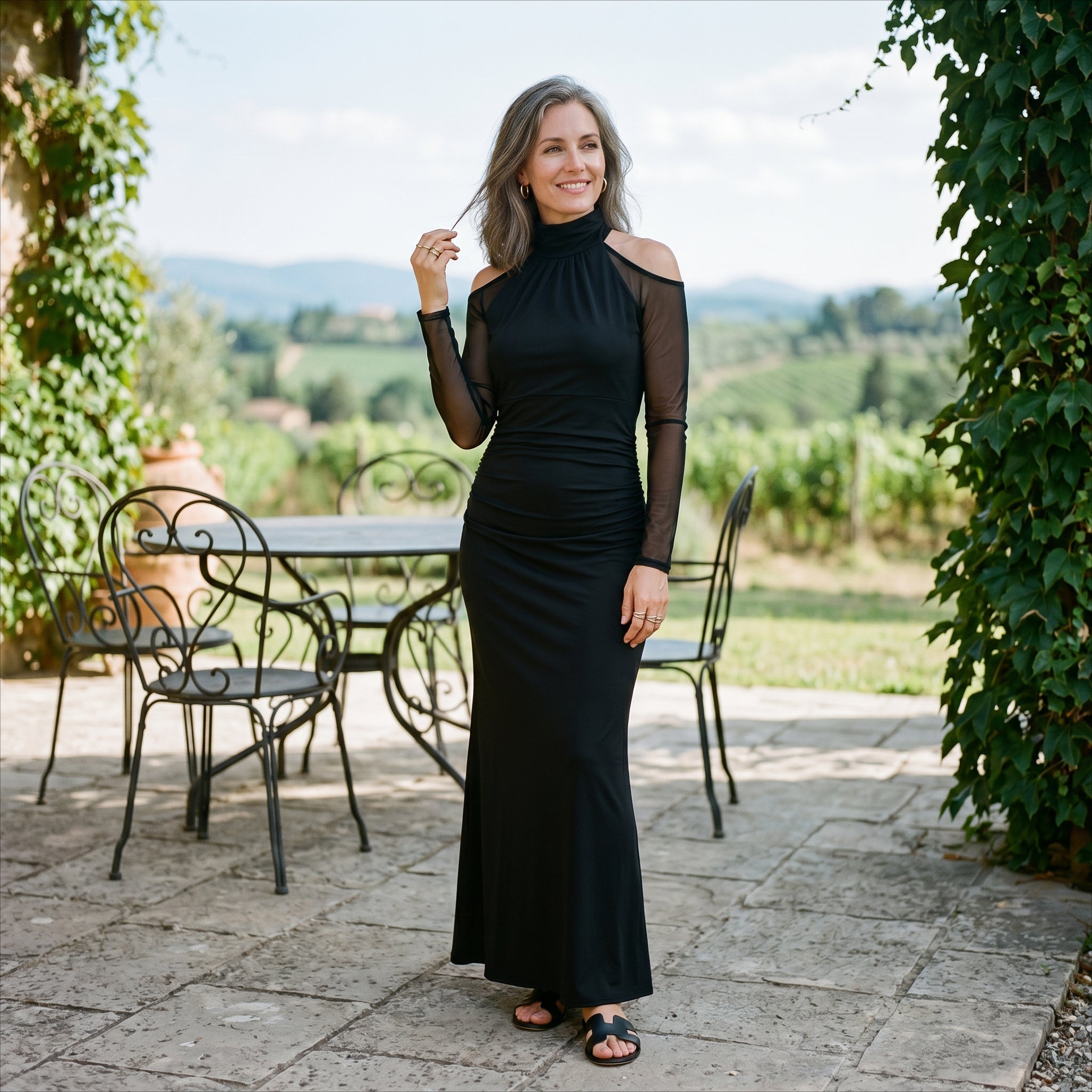 Juliana - Elegant Black Satin Evening Gown with Sheer Mesh Sleeves