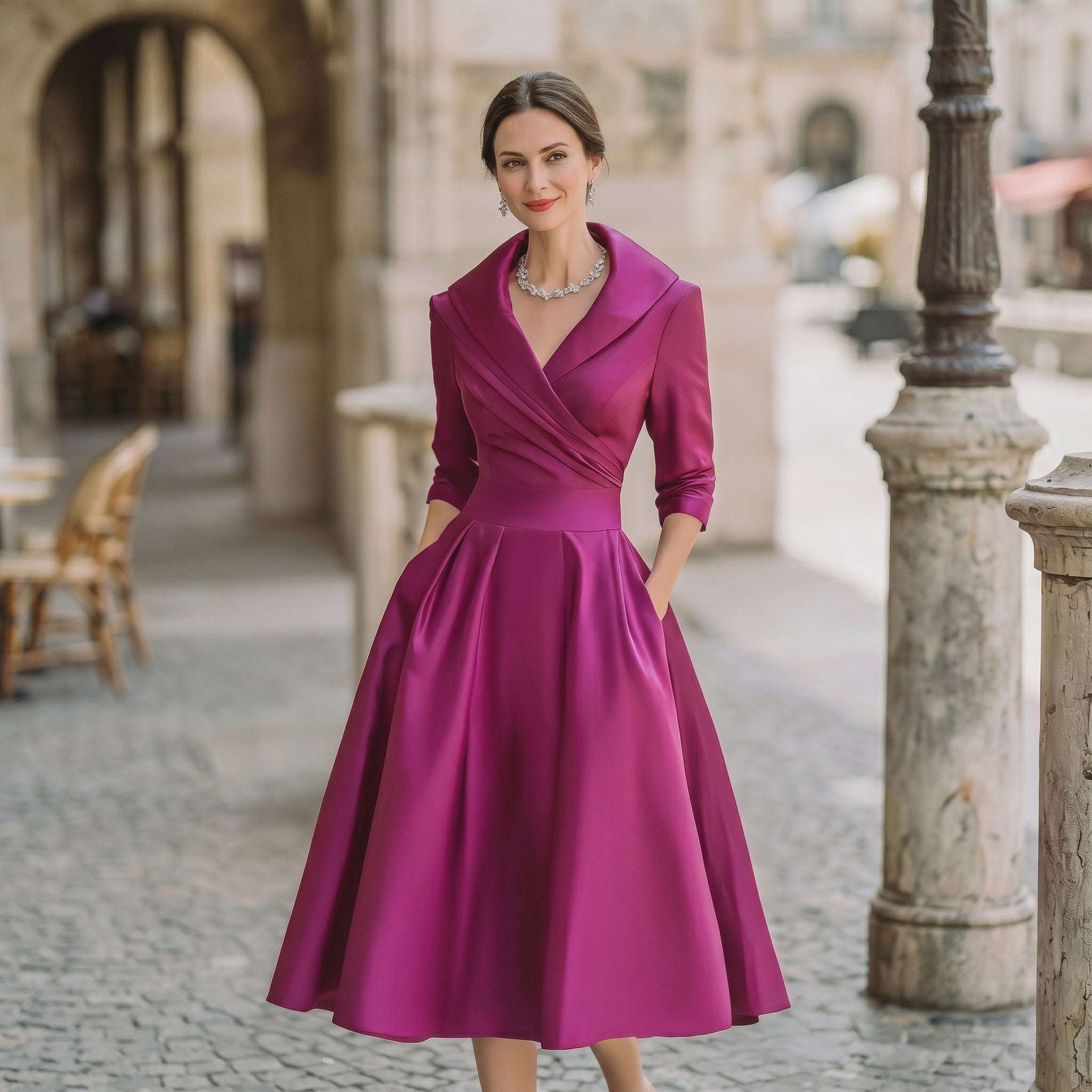 Karla - Elegant Satin Midi Wedding Guest Dress