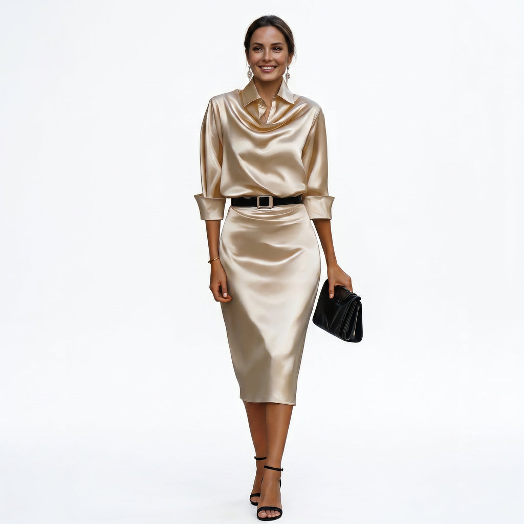 Katherine - Cocktail Satin Midi Dress for Wedding Guests